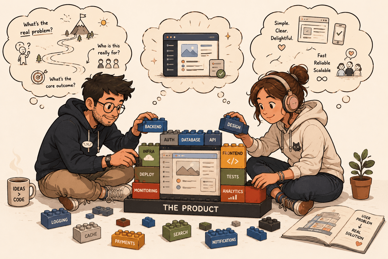 Two developers sit on the floor assembling a product from labeled building bricks — backend, database, API, auth, frontend, design, tests, analytics, deploy, infra, monitoring — stacked on a base that reads 'THE PRODUCT.' Thought bubbles above them ask 'What's the real problem?', 'Who is this really for?' and 'Simple. Clear. Delightful.'; a mug reads 'ideas > code' and an open notebook maps 'user problem → real solution.' The bricks are the code; the thinking is the job.