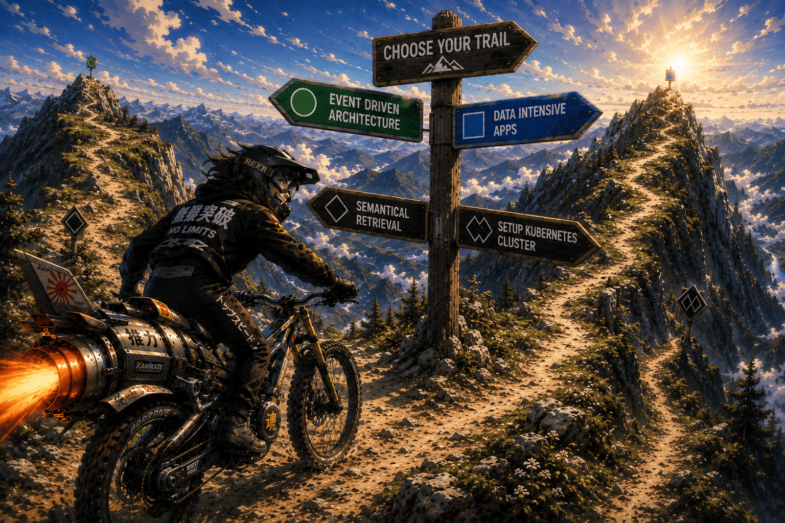 A rider on a jet-powered mountain e-bike pauses at a mountain-top signpost that reads 'Choose Your Trail,' its directions rated by difficulty: green Event Driven Architecture, blue Data Intensive Apps, black-diamond Semantic Retrieval, double-black Set Up Kubernetes Cluster.