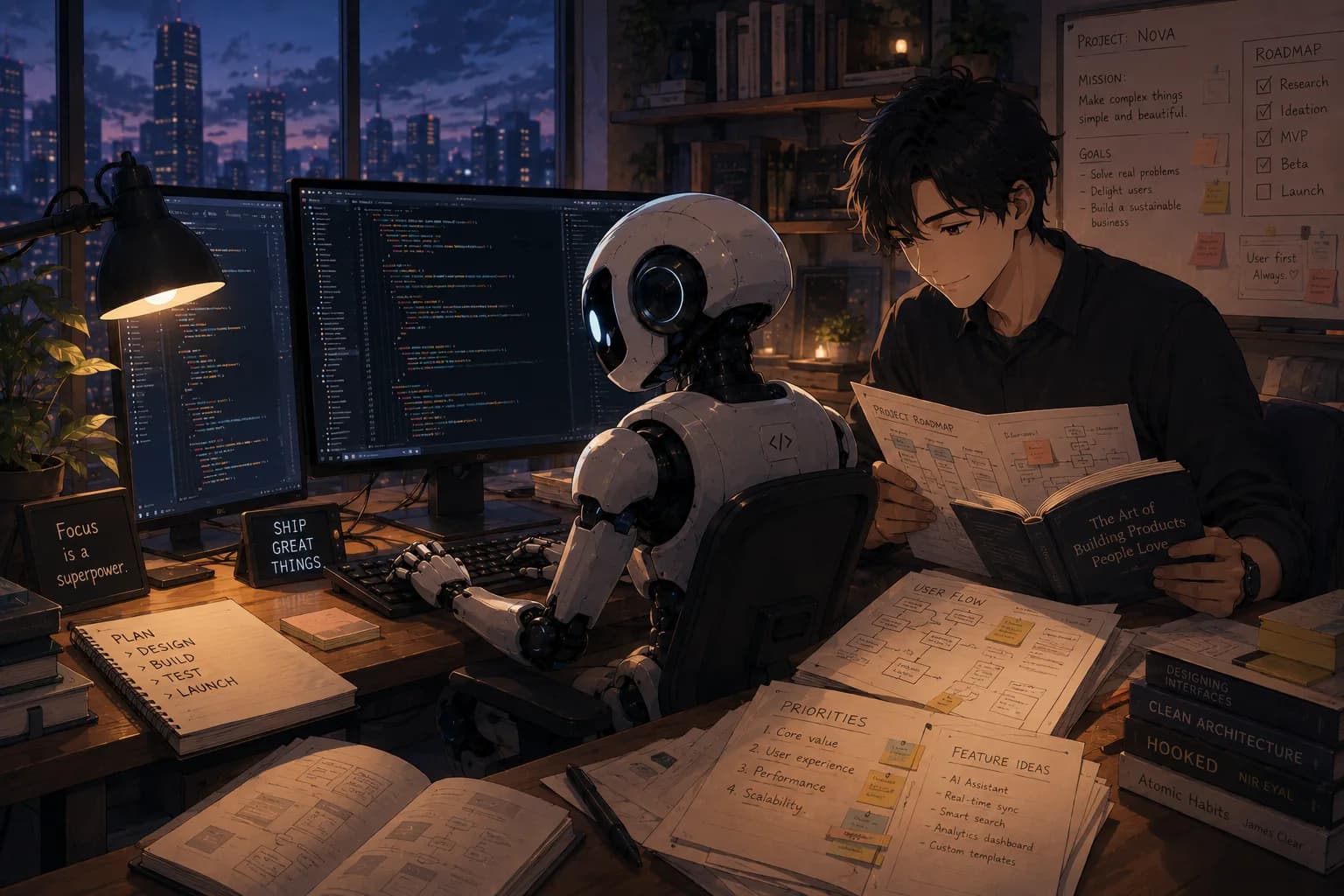A warm night-time studio: a developer reads a book titled 'The Art of Building Products People Love' beside a white humanoid robot typing code at a monitor. A whiteboard maps 'Project: Nova' — mission, goals, and a research→launch roadmap — while desk notes read 'Plan → Design → Build → Test → Launch', 'Focus is a superpower', and 'Ship great things'. A human imagining and telling the story while the machine builds it — the theme of the post.