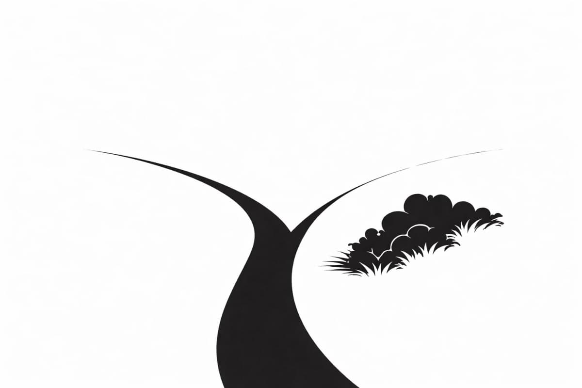 Minimalist illustration of a fork in the road splitting into two paths — representing the moment before committing to the first idea